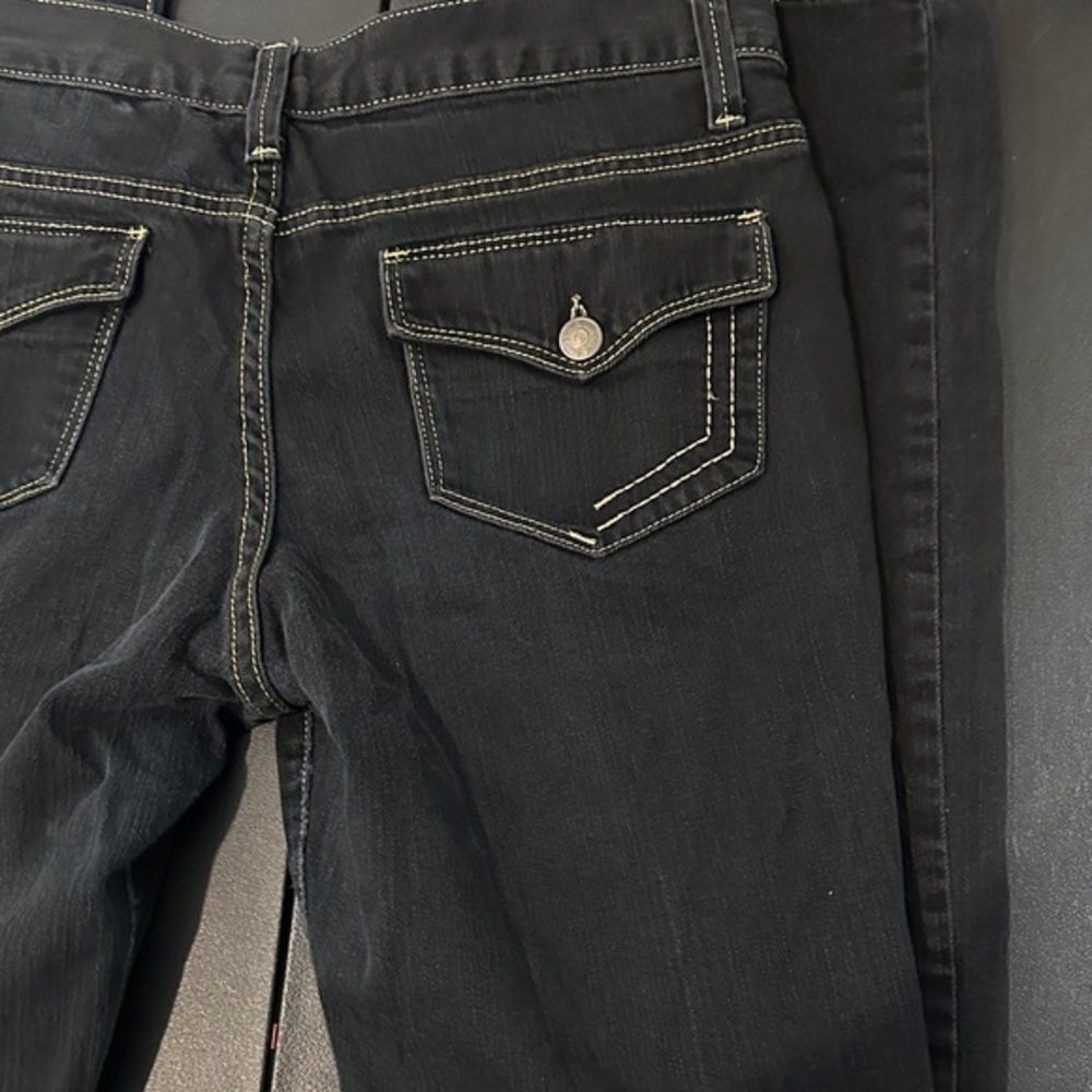 555. Cruel Girl Aleaha Black Mid Rise Straight Leg Jeans button pocket accents
